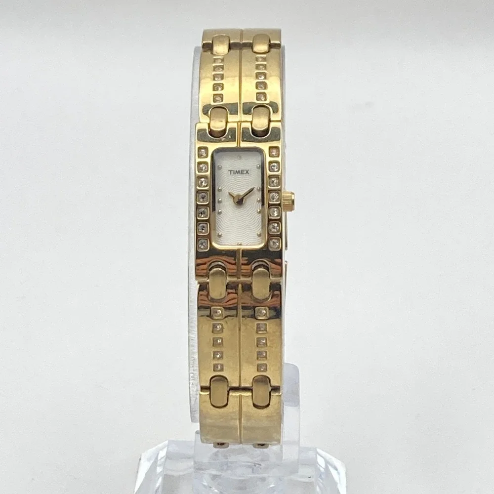Timex Women's Tank Watch 17mm Gold Tone Crystals Petite New Battery 6.25